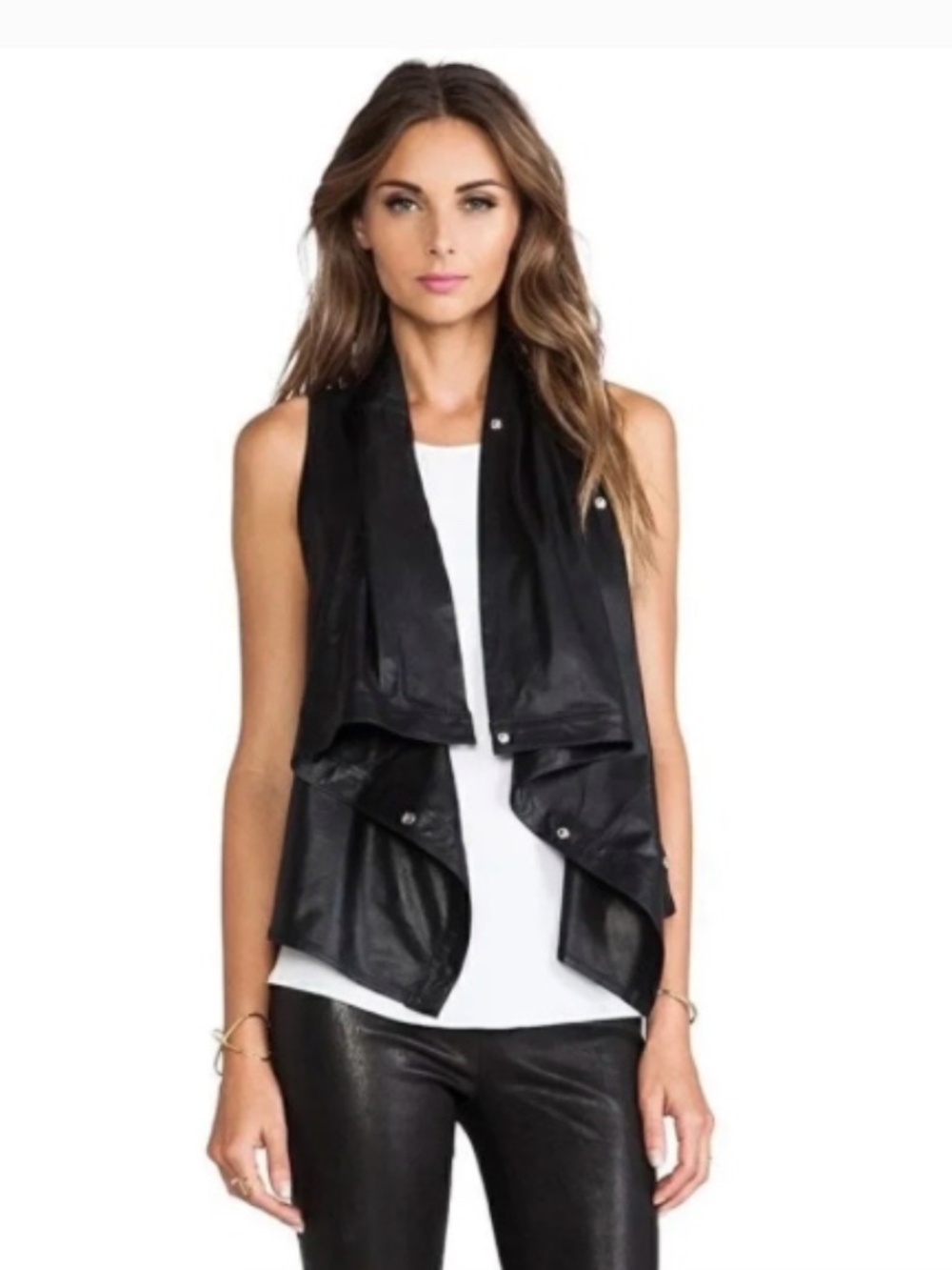 Lamarque Sarai Black Genuine Leather Waterfall Front Moto Vest